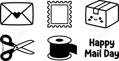 Line art vector of mail icons including envelope with heart stamp box scissors and spool