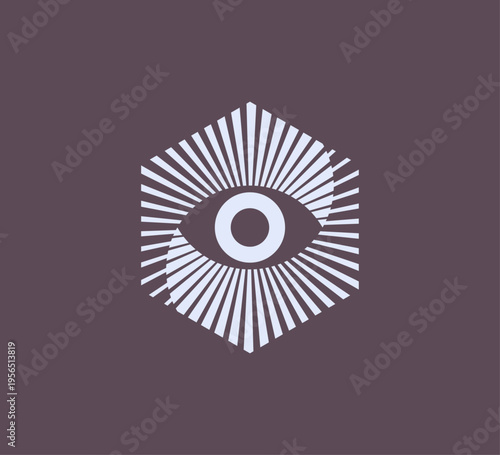 Radiating eye symbol inside a hexagonal frame with dense sunburst lines. Strong focus and surveillance feel with a modern geometric touch, suitable for security, vision tech, or analytics brands.