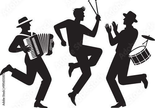 Three cheerful musicians playing accordion drums and clapper while dancing in full length silhouette