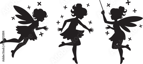 Three dancing fairies silhouette magical sprites with wings and magic wand and sparkles fantasy characters