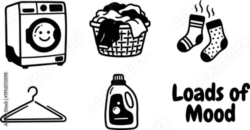 Laundry icons including washing machine basket socks and hanger