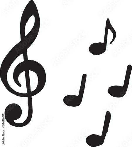 Treble clef and several musical notes on white background representing music and melody
