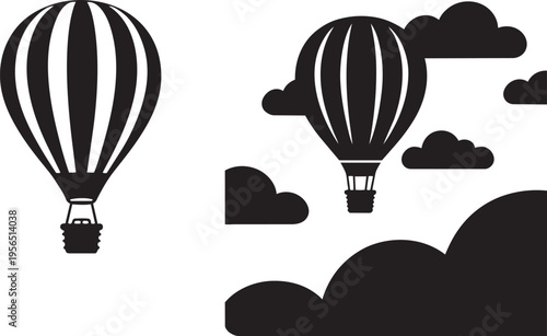 Two black silhouette hot air balloons with clouds on a white background representing travel