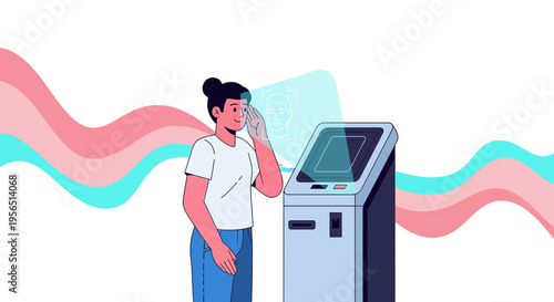 Woman interacting with face recognition tech for authentication at a kiosk system