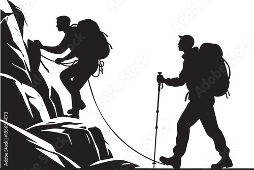 Two climbers on white background, one scaling rock face, other walking with trekking pole
