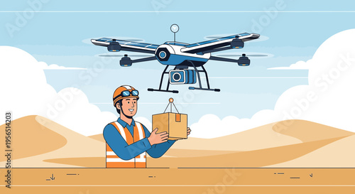 Worker guiding a drone delivering a package in a desert landscape with blue skies and clouds