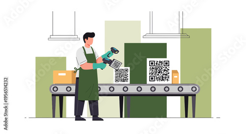 Worker scanning qr codes on a production line, ensuring tracking and verification of product on
