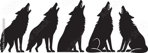 Wolf pack howling silhouettes set on white background wild animals graphic