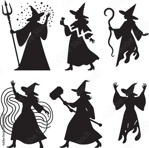 Witch silhouette collection with magical staffs and sorcery accessories for halloween party design