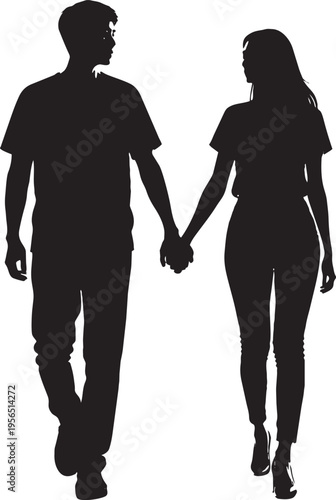 Young couple holding hands walking together in casual attire full length silhouette on white background