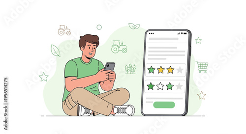Young customer interacting with a review application to rate farming products online