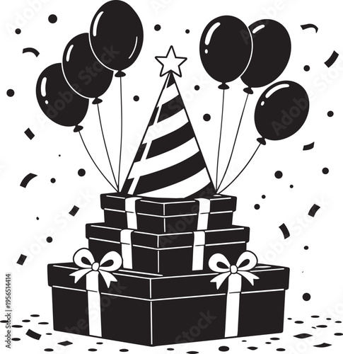 Birthday party gifts balloons hat confetti celebration festive event surprise happy joy fun festive occasion