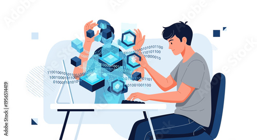 Young man interacting with a digital avatar in a virtual environment for advanced tech interface