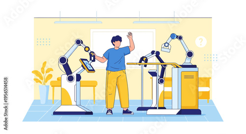 Young man interacting with advanced robotics in a modern laboratory setting filled with innovative