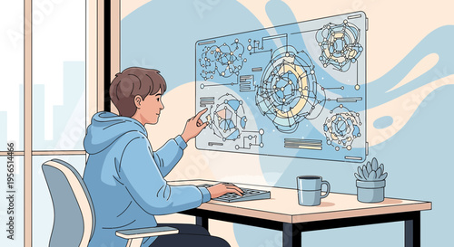 Young innovator engaging with augmented reality interface for data analysis and visualization