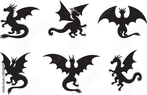 Black dragon silhouette set isolated on white background fantasy mythical creature flying monsters