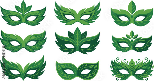 Green masquerade carnival mask icon cartoon vector set