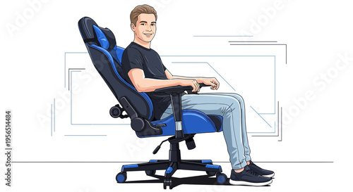 Young man sits in a comfortable ergonomic blue gaming chair with adjustable features and design in