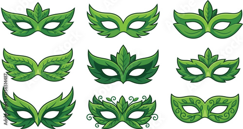 Green masquerade carnival mask icon cartoon vector set