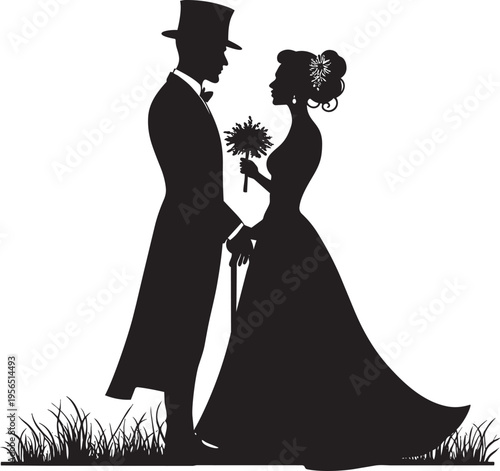 Black silhouette of a newlywed couple standing in grass, groom holding a cane and bride a bouquet