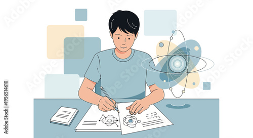 Young student passionately drawing atom structures for scientific study at home desk