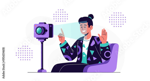 Young vlogger engages audience on social media live stream with digital camera setup