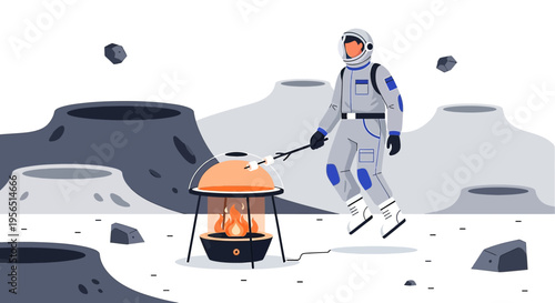 Whimsical portrayal of an astronaut enjoying a marshmallow roast on a moon surface with craters