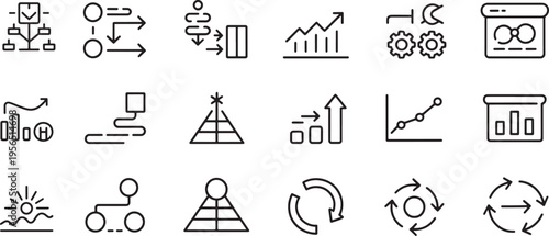 Workflow automation and process optimization icons for business systems and project planning