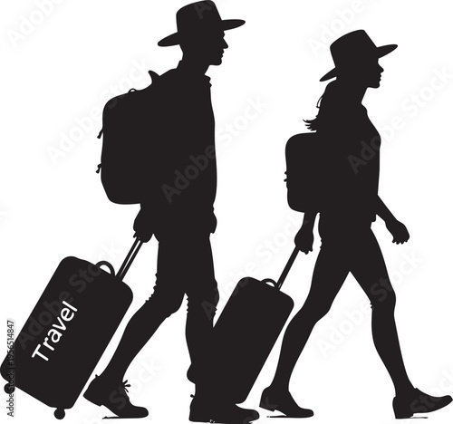 Couple walking with suitcases and hats silhouette travel and vacation concept