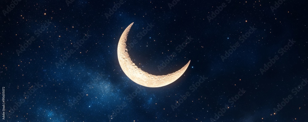 Fototapeta premium Golden Crescent Moon illuminates the vast, deep blue cosmic night sky filled with countless stars, symbolizing hope and new beginnings. Moon, Space