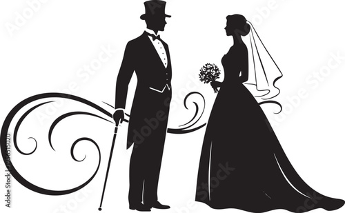 Elegant wedding couple silhouette groom and bride standing together with bouquet on white background