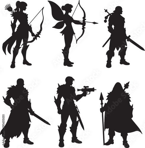 Fantasy warrior and archer character silhouettes in various action poses, isolated on white background