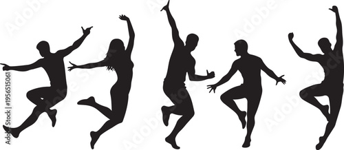 Five people jumping in air group of men and women enjoying freedom and happiness