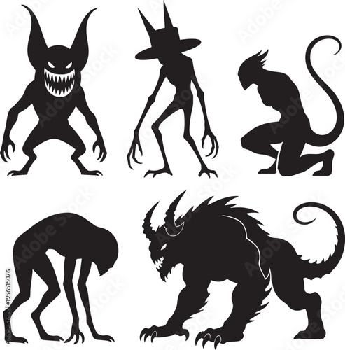 Five scary monster silhouettes with sharp teeth horns and claws on white background