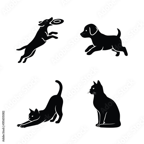 Set of black pet icons featuring dog jumping for frisbee running puppy stretching cat and sitting cat