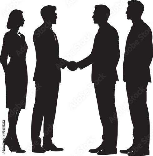 Full length silhouette of business people meeting and handshaking on white background
