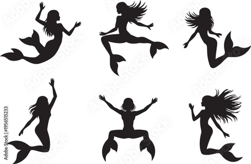 Graceful mermaid silhouettes swimming and posing in mythical underwater scenes for fantasy designs