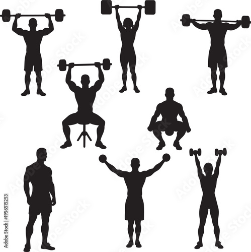 Group of black silhouette people lifting weights and exercising against a white background