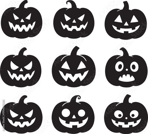 Group of nine black silhouette Halloween pumpkin jack o lanterns faces
