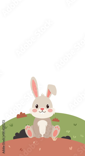 Happy Easter bunny sitting in a grassy field with a burrow and white background