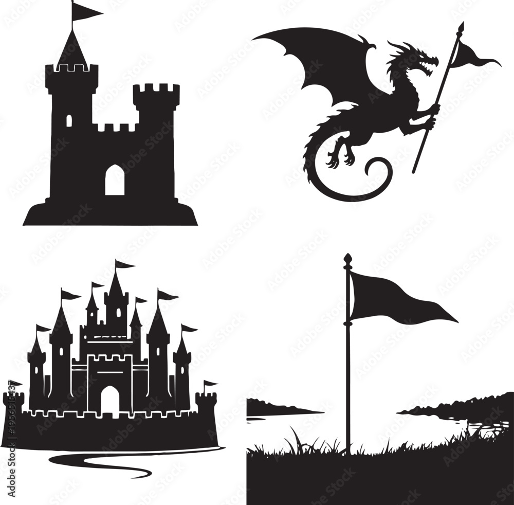 Fototapeta premium Medieval castle dragon flag icons set silhouette illustration isolated on white background