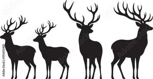 Majestic deer silhouettes with large antlers standing in profile on white background