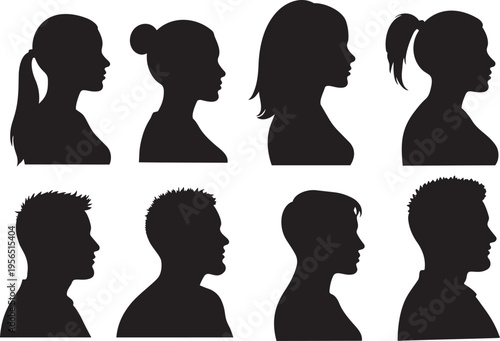 Male and female head profile silhouettes collection men and women faces portraits avatars set black