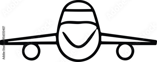 Front-view airplane icon with rounded nose, cockpit windows, engines, and wings for aviation and transport design content