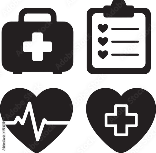 Medical health symbols with first aid kit, medical chart, heart with pulse, and heart with cross