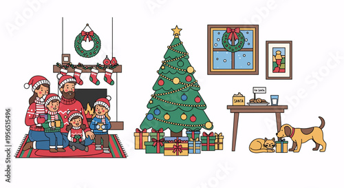 Happy Family Celebrating Christmas at Home by Fireplace