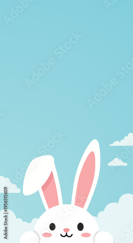 Happy Easter bunny peeking out from behind clouds with a cheerful expression