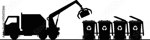 Recycling Truck Lifting Waste Bin Silhouette Vector Illustration.