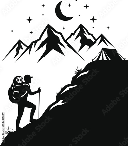 Hiker ascending a mountain under a starry night sky
