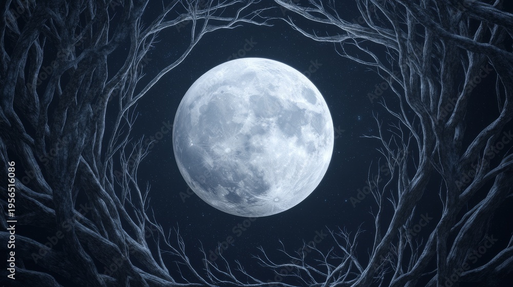 Naklejka premium Lunar Gateway Luminous full moon framed by skeletal, gnarled tree branches under a dark, starry night sky. Eerie, mystical forest portal. ,Moon,Night